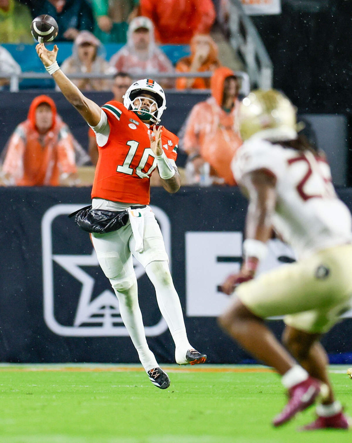 Miami Hurricanes quarterback Darian Mensah (10) throws a long pass to wide receiver Malachi Toney (1) in the first half against the Florida State Seminoles at Hard Rock Stadium in Miami Gardens, Florida, on Saturday, October 17, 2026.